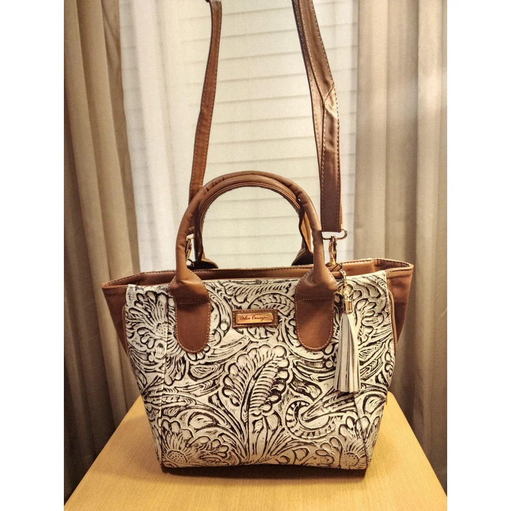 Brown Off White Zippered Floral Embossed Tooled Artisanal LEATHER Bag Purse